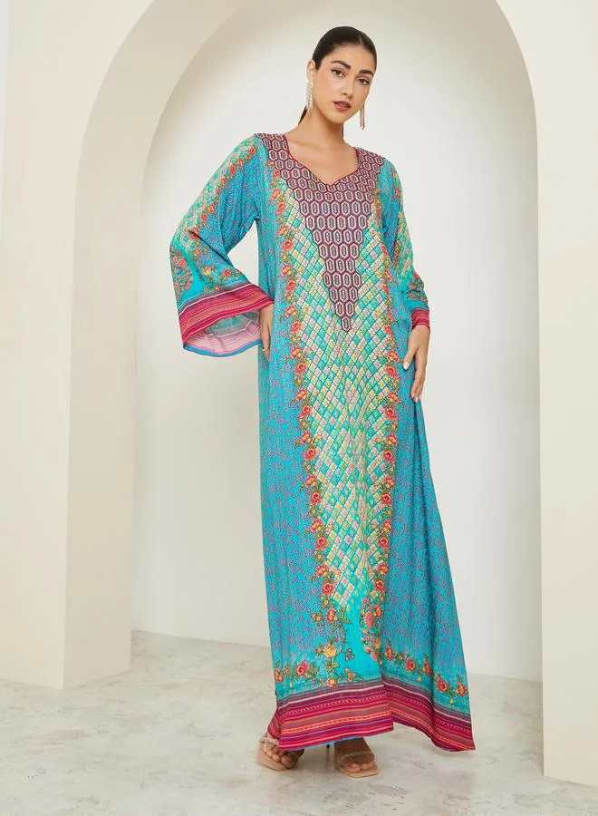 Amirah  Blue Printed A-Line Jalabiya for Women | Best Price UAE